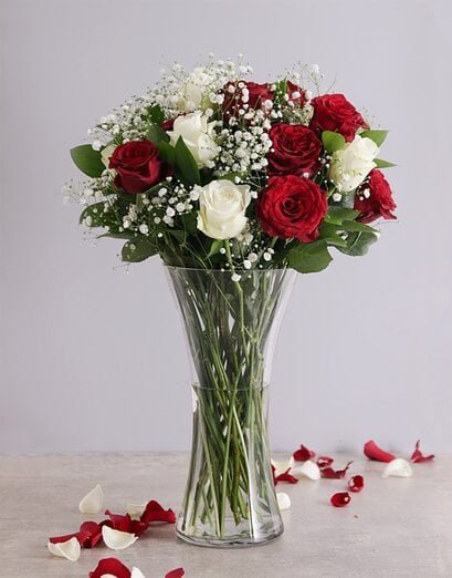 Full Red and White Roses in a Vase - Product image