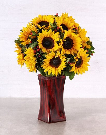 Sunflowers in a Tall Red Vase - Product image