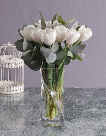 White Tulips and Gum Leaves in Vase