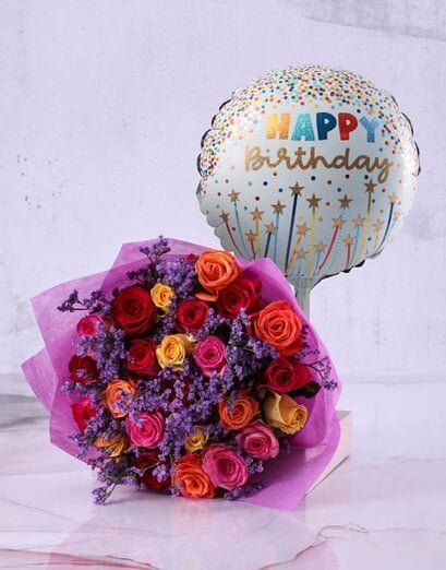 Mixed Roses and Birthday Balloon