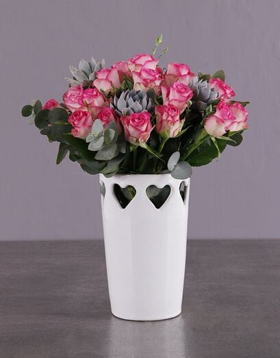 Pink Roses in a Love Vase - Product image
