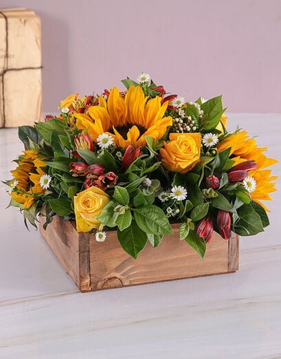 Sunflower and Rose Flower Wooden Box - Product image