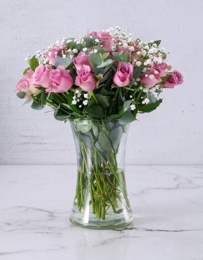 Lush Lilac Roses in Glass Vase - Product image