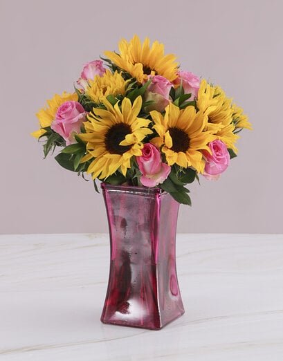 Pink Rose and Sunflower Vase - Product image