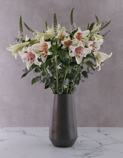 St Joseph Lilies in Black Vase - Product image