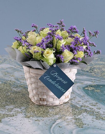 White Sympathy Roses In Basket - Product image
