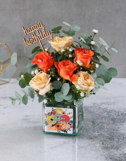 Bright Birthday Rose Blooms in a Vase - Product image