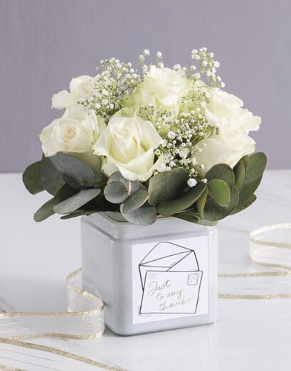 White Thank You Rose Blooms in a Vase - Product image