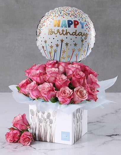Pink Birthday Roses and Balloon Arrangement