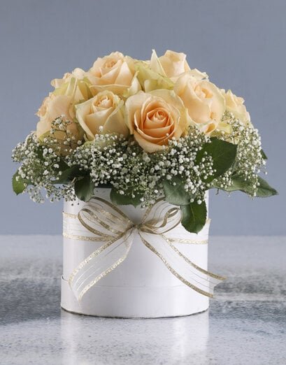 Peach Roses In White Round Box - Product image