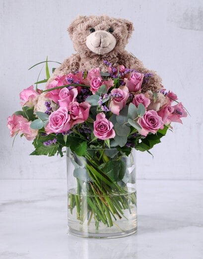 Lilac Rose Combo In Clear Vase - Product image