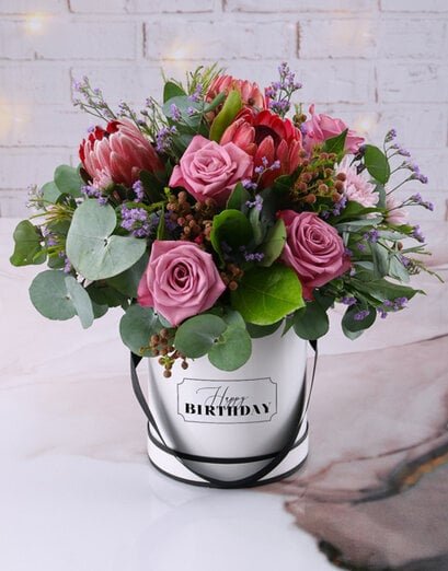 Pink Proteas And Roses In Birthday Box - Product image