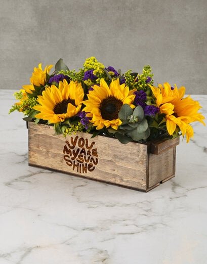 Golden Sunflowers In Wooden Crate - Product image