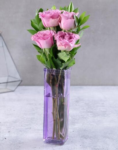 Lilac Roses In A Tall Purple Vase - Product image