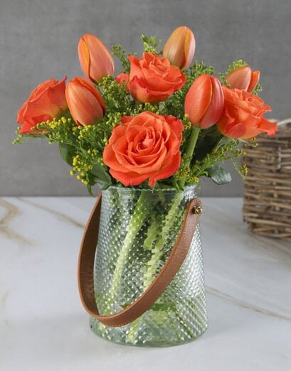 Orange Radiance Tulip And Rose Vase