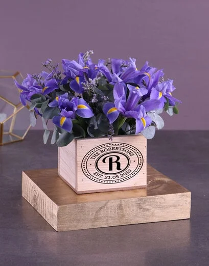 Blue Irises In Wooden Box - Product image