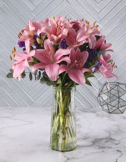 Blushing Bright Pink Lilies In Vase - Product image