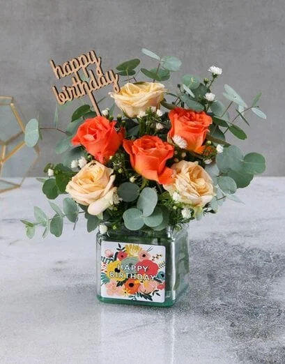 Bright Birthday Rose Blooms in a Vase - Product image