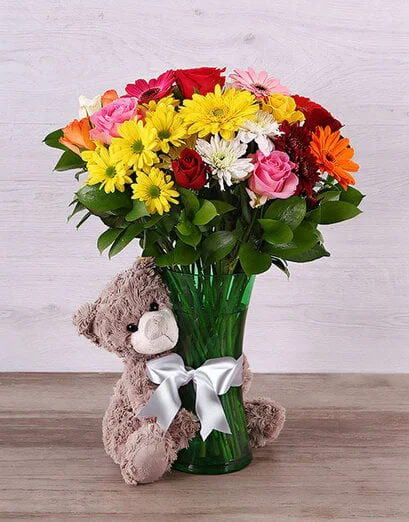 Bright Mixed Bloom and Teddy Arrangement - Product image