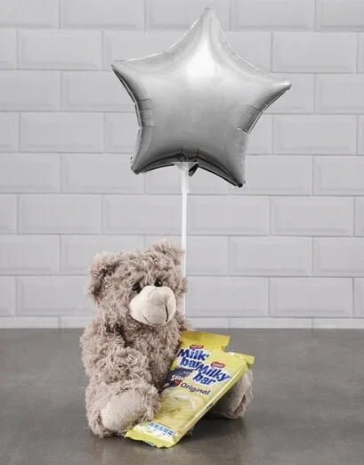 Brown Teddy And Silver Star Balloon Hamper - Product image
