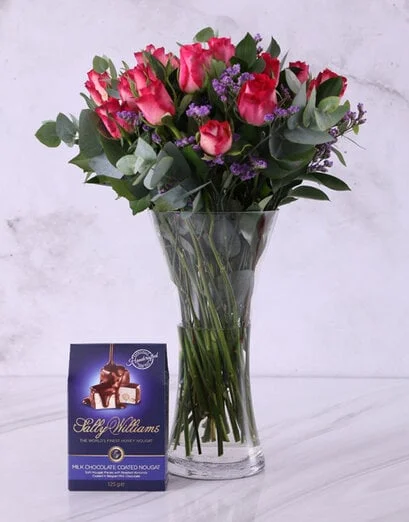 Cerise Roses In Clear Vase - Product image