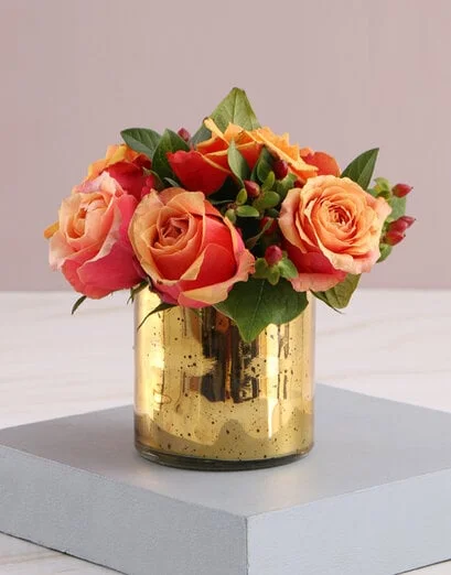 Cherry Brandy Roses in Golden Vase - Product image