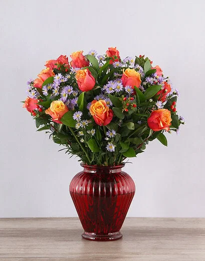 Cherry Brandy Roses in Red Urn Vase - Product image
