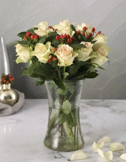 Cream Roses with Hypericum in Vase - Product image