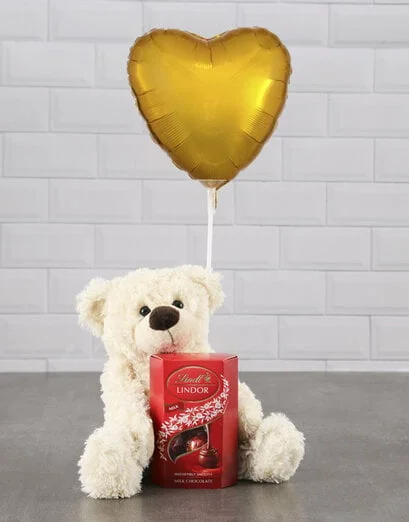 Cream Teddy And Gold Balloon Hamper - Product image