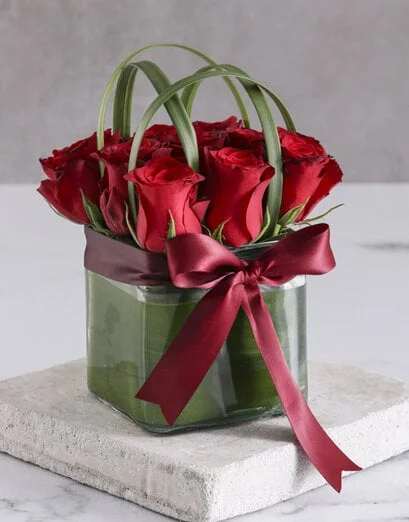 Elegant Red Roses In Clear Square Vase - Product image