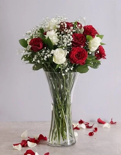 Full Red and White Roses in a Vase - Product image