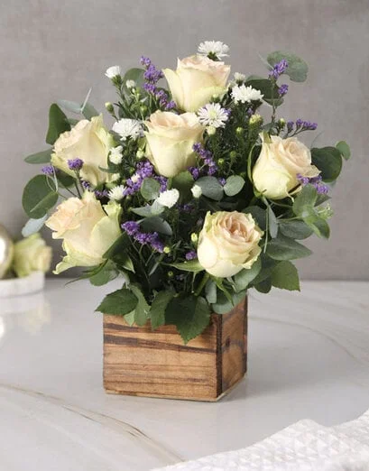 Gorgeous Cream Rose Wooden Box Arrangement - Product image