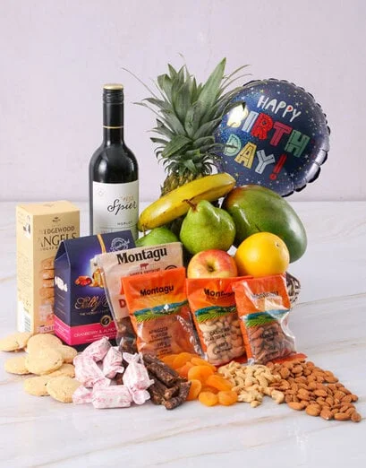 Happy Birthday Delicious Fruit And Wine Basket - Product image