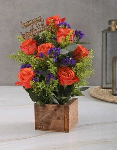 Happy Birthday Orange Rose Arrangement - Product image