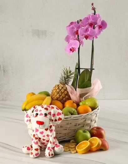 Happy Birthday Orchid And Fruit Basket