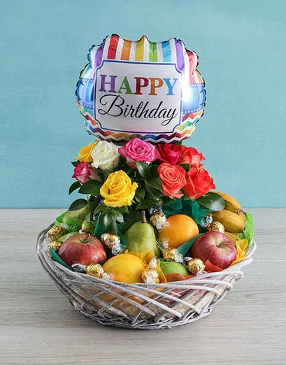 Happy Birthday Rose and Fruit Basket - Product image