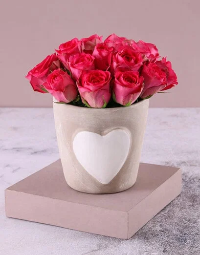 Heartfelt Cerise Roses In Ceramic Pot - Product image