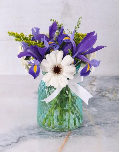 Iris And Mini White Gerbera Arrangement - Product image