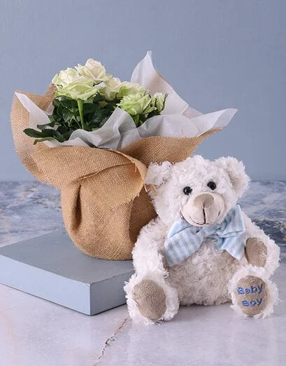 Its a Boy Teddy and White Rose Bush - Product image