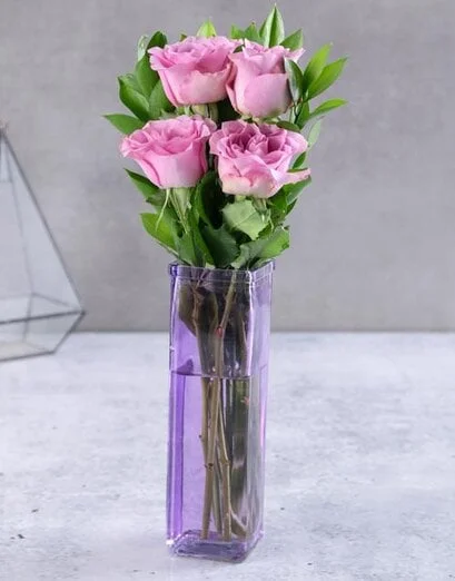Lilac Roses In A Tall Purple Vase - Product image