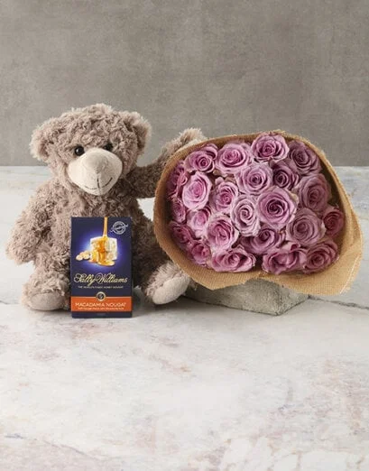 Lilac Roses With Teddy Bear - Product image