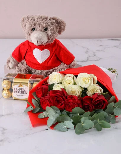 Lovey Dovey Mixed Rose Bouquet And Teddy - Product image