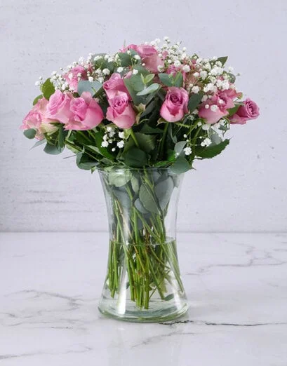 Lush Lilac Roses in Glass Vase - Product image