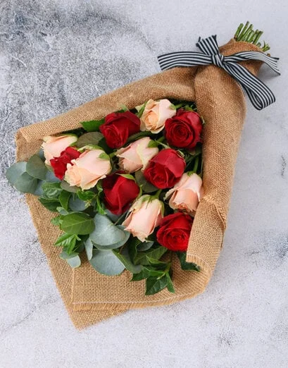 Magical Mixed Roses in Hessian Wrapping - Product image