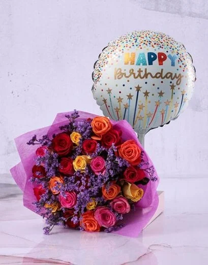 Mixed Roses and Birthday Balloon - Product image