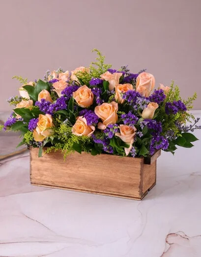Peach Roses In Wooden Crate - Product image