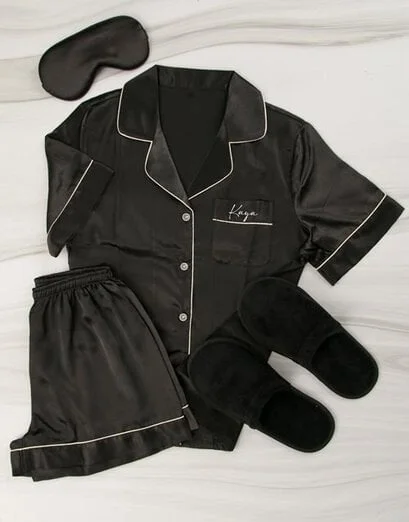 Personalised Black Satin Piped PJ Set - Product image