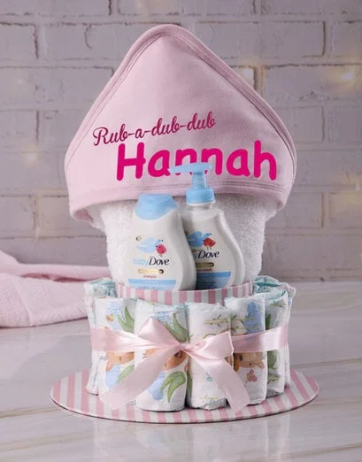 Personalised Girl Bath Time Nappy Cake - Product image