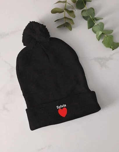 Personalised Heart Black Pom Pom Beanie - Product image