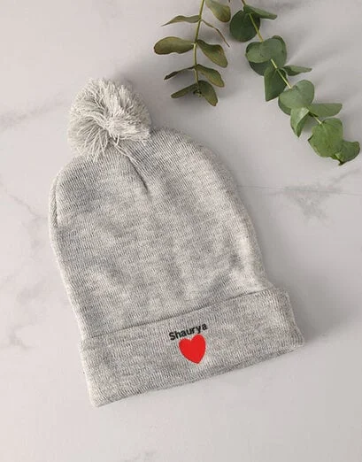 Personalised Heart Grey Pom Pom Beanie - Product image